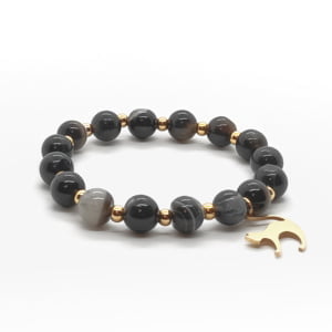 Bransoletka z kotem – Kamienie Agat szaro czarny, pozłacana stal chirurgiczna ST025
