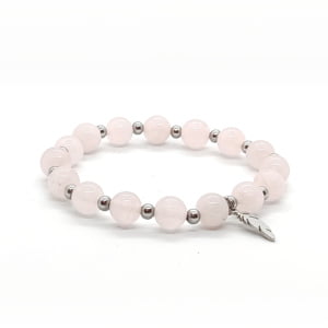 Bransoletka Kwarc różowy, zawieszka piórko stal ch. 17,5cm ST031