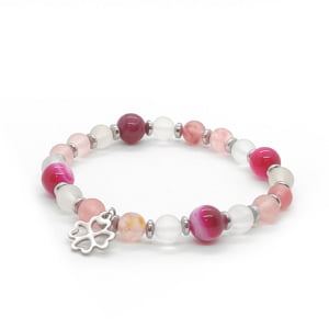 Bransoletka z koniczynką ze stali chirurgicznej, Kwarc różowy, Agat i Hematyt KAM036