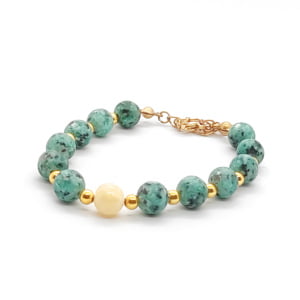 Bransoletka pozłacana Jaspis zielony i Nefryt - kamienie naturalne 16-20cm KAM421 stal chir.