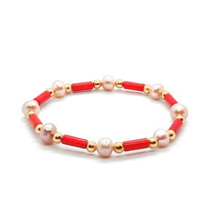 Bransoletka pozłacana Koral czerwony, Perła naturalna - kamienie naturalne 16,5cm KAM459 stal chir.