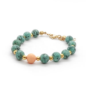 Bransoletka pozłacana Jaspis zielony i jadeit brzoskwiniowy 16-20cm KAM415 stal chir.