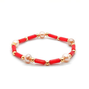 Bransoletka pozłacana Koral czerwony, Perła naturalna – kamienie naturalne 17cm KAM460 stal chir.