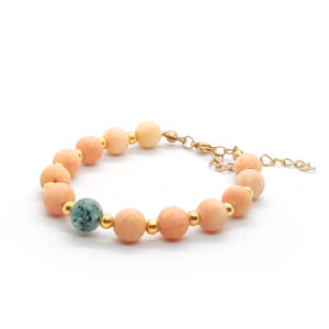 Bransoletka pozłacana Jaspis zielony i jadeit brzoskwiniowy 16-20cm KAM418 stal chir.