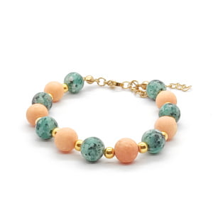 Bransoletka pozłacana Jaspis zielony i Jadeit brzoskwiniowy 16-20cm KAM420 stal chir.