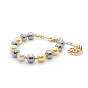 Bransoletka pozłacana Perły szare, Perły łososiowe, Perły złociste 14-18cm KAM437 Stal chir.