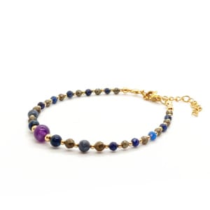 Bransoletka Ametyst, Azuryt, Lapis lazuli, Koral, Piryt 17-21cm KAM1030 Stal chirurgiczna pozłacana