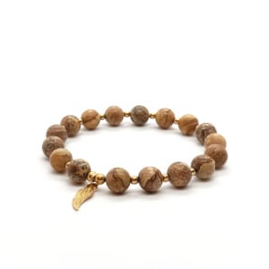 Bransoletka z piórkiem, Jaspis obrazkowy 17cm KAM1161 stal chirurgiczna pozłacana