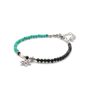 Bransoletka z kwiatkiem i perłą hodowlaną, Turmalin, Turkus KAM1129 - 16-20cm