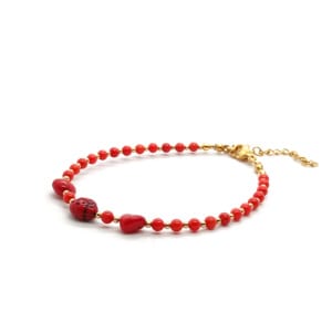 Bransoletka z biedronką Koral czerwony 18,5-22,5cm KAM1166 Stal chirurgiczna pozłacana