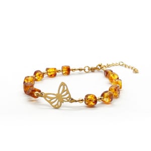 Bransoletka z motylkiem, Bursztyn 18-22cm KAM1212 stal chirurgiczna pozłacana