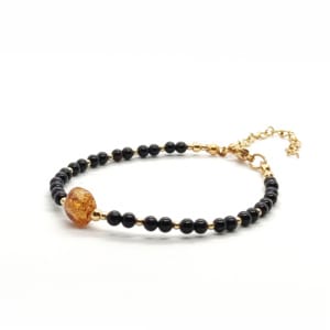 Bransoletka Bursztyn Bałtycki, Onyks 17-21cm KAM1254 stal chirurgiczna pozłacana